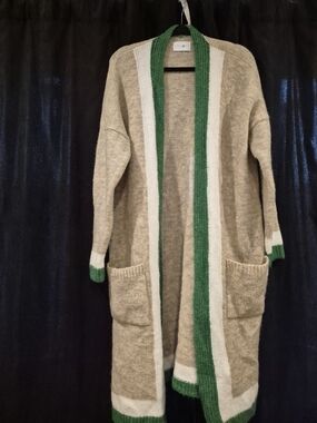 Green Trim Long Open-Front Women's Cardigan Sweater